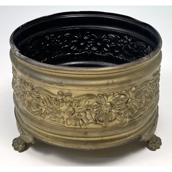 VTG 7"x5" Round Gold Painted Metal Footed PLANTER Pot Embossed Daisies Flowers - Picture 2 of 5